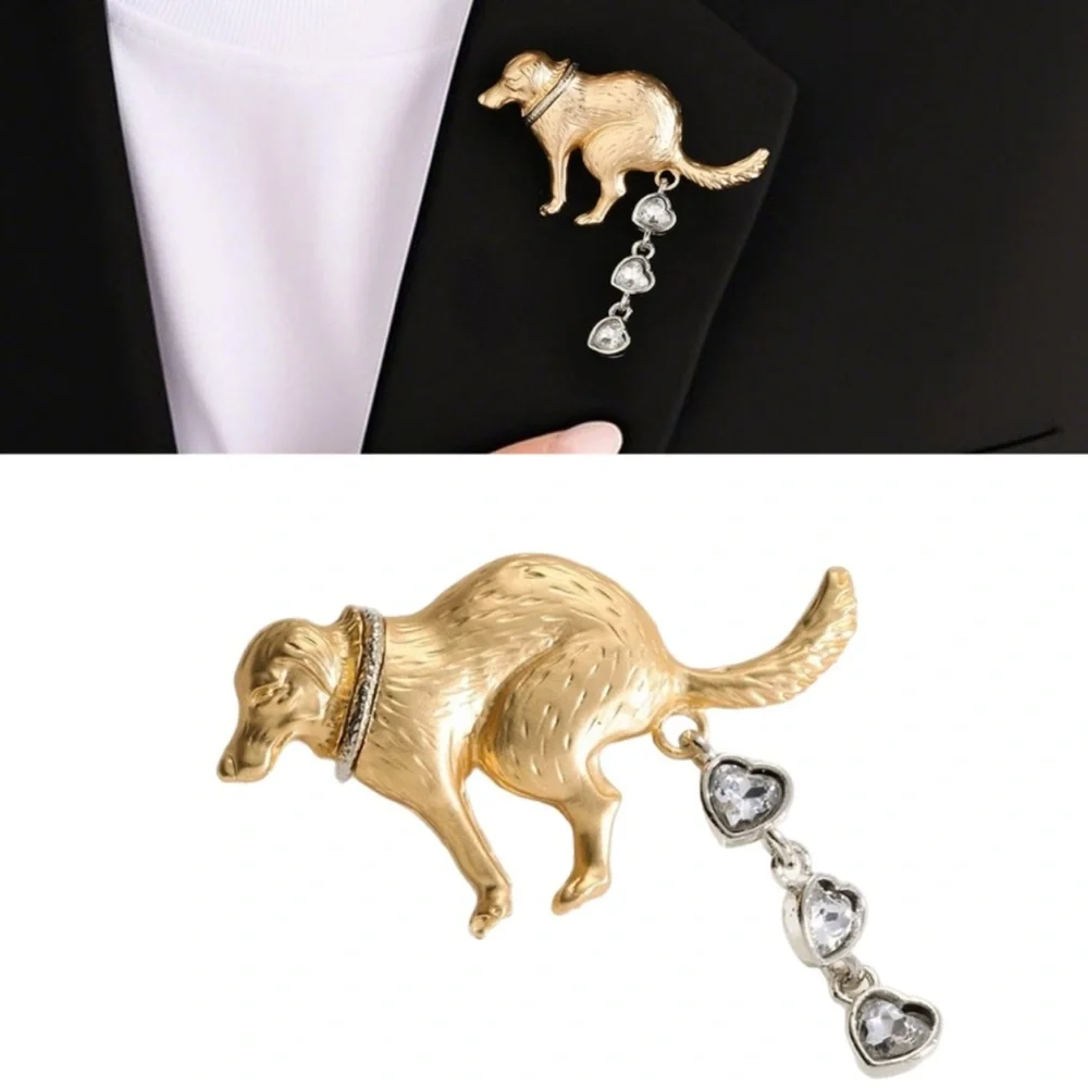 Dog Drama Brooch: Gold Pooping Dog Pin - Zircon Accent - Picture 1 of 10